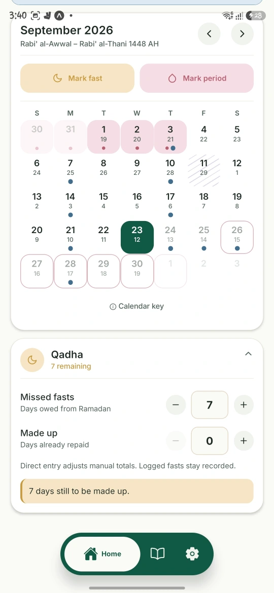DAWR monthly calendar showing logged period days, an estimated ovulation day and outlined predicted period dates