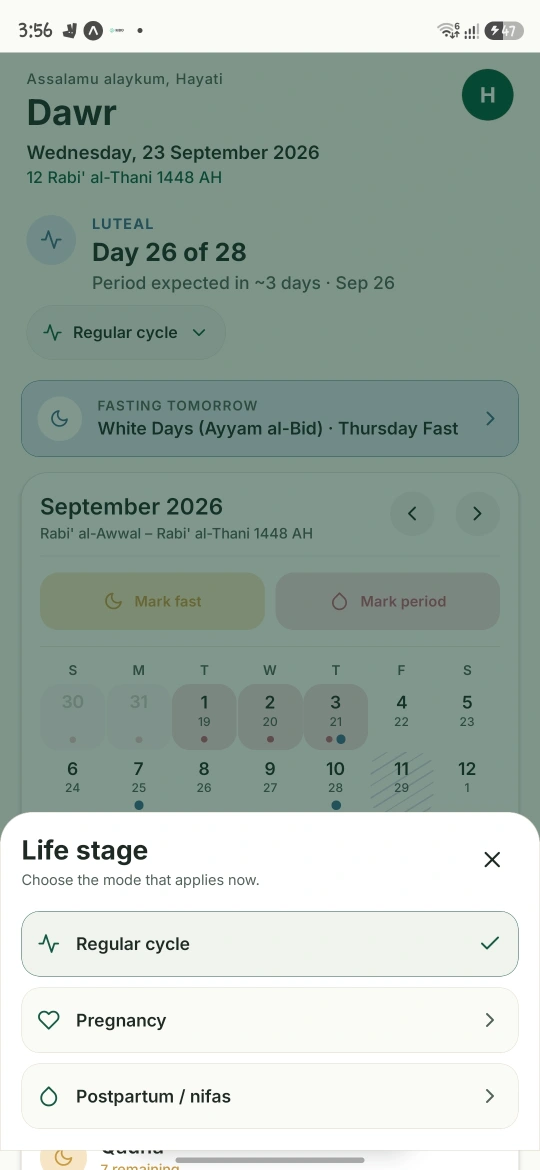 DAWR life-stage selector with Regular cycle, Pregnancy and Postpartum or nifas choices
