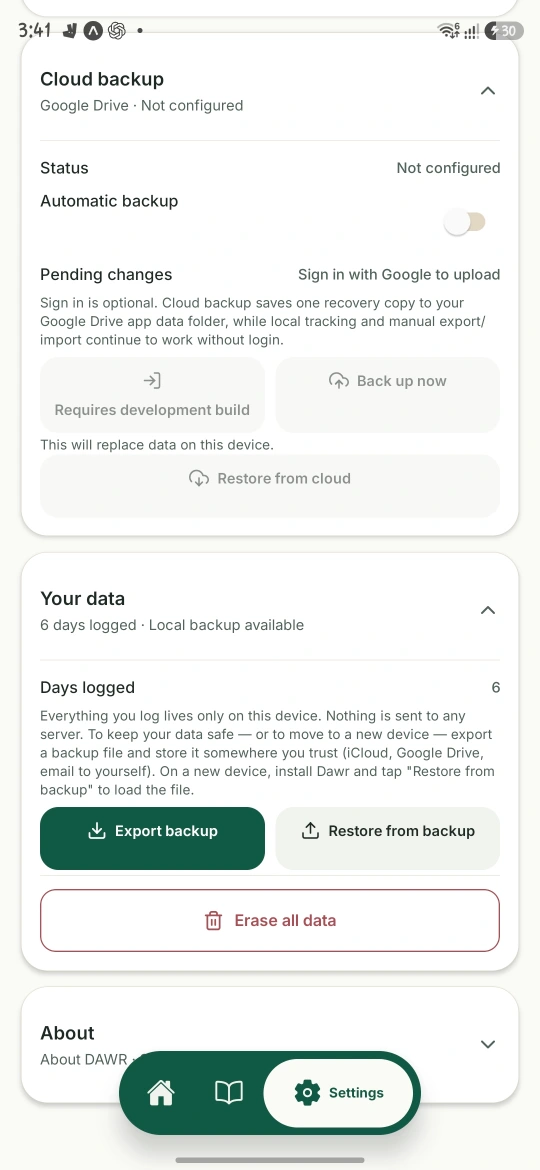 DAWR local data controls showing on-device records, manual export and restore